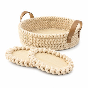 Cotton Handknitted Oval Tray with PU Handle